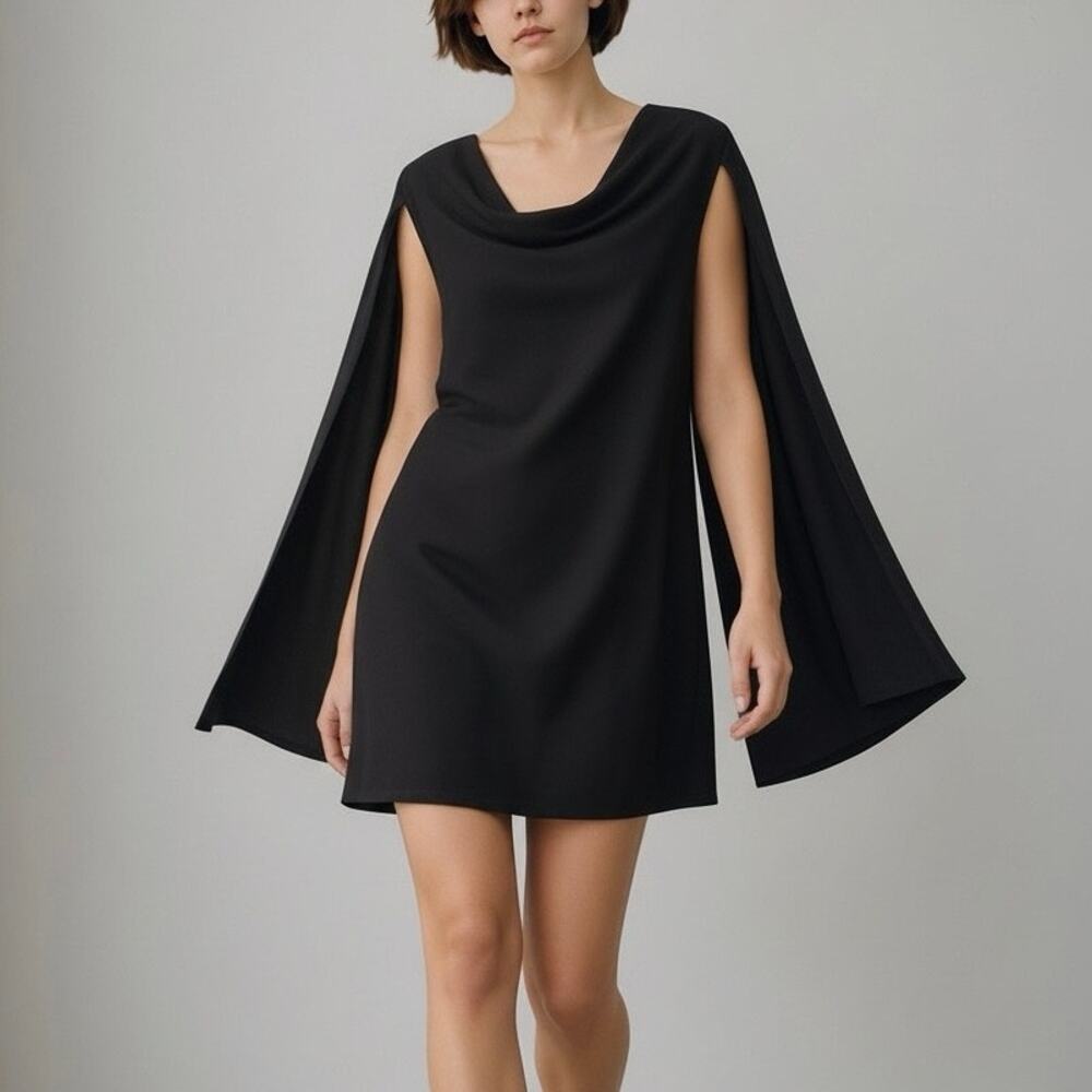 Maeve x Anthropologie Black Noir Cape Sleeve Cowl Mini Dress NWT - 4